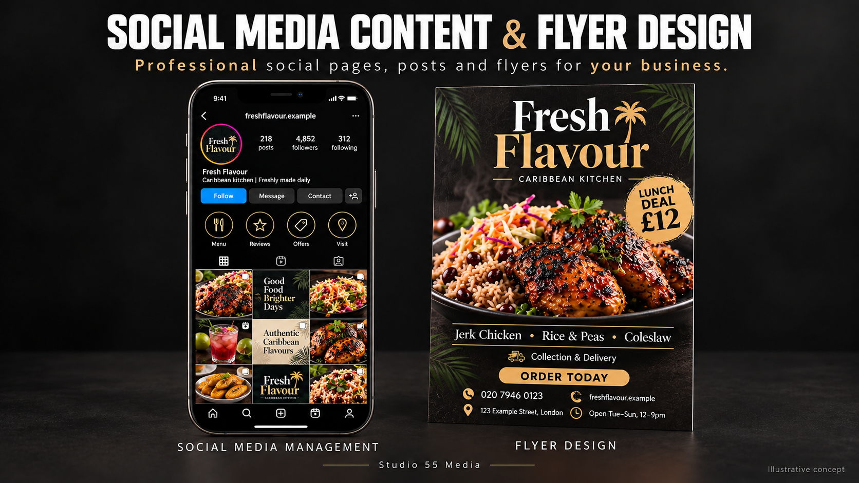 Concept demonstration of Studio 55 Media social media management and flyer design for a restaurant