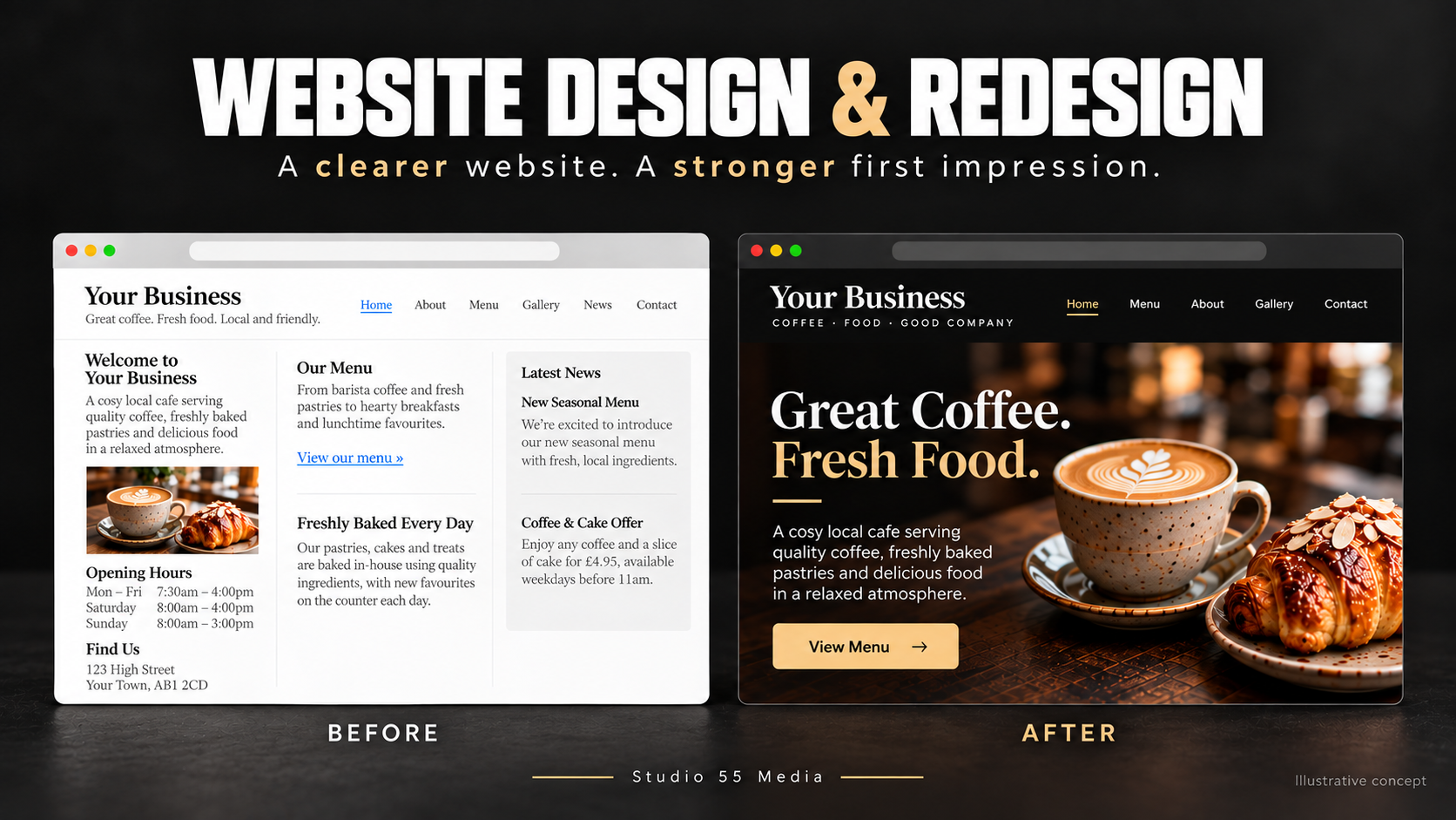 Concept demonstration of a Studio 55 Media website redesign, showing a before and after cafe website