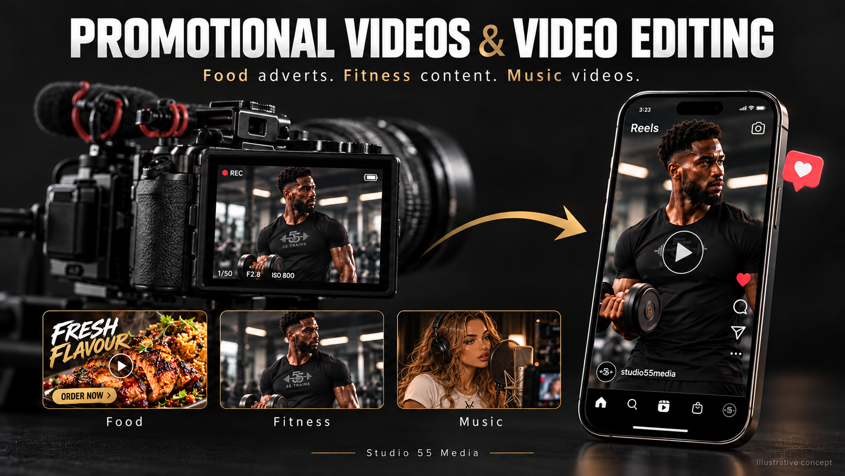 Concept demonstration of Studio 55 Media promotional video and video editing work across food, fitness and music